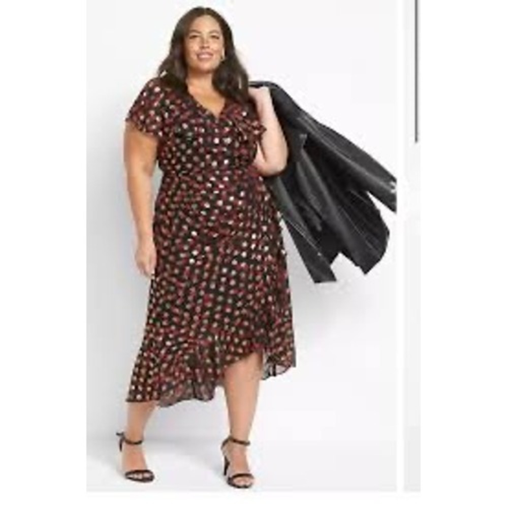 Lane Bryant Ruffle Midi Dress Womens 20 Black Red Gold Foil Floral Excellent